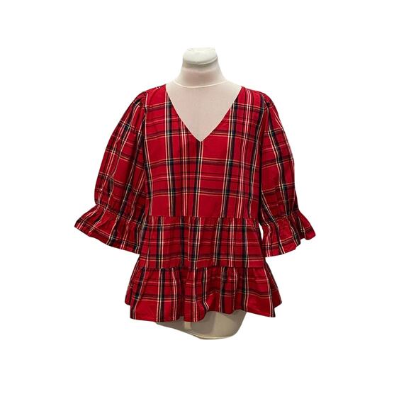 MUDPIE The Ashford Red Plaid Ruffle Tiered Vneck Top LARGE Puff Flounce Sleeve - Picture 2 of 8